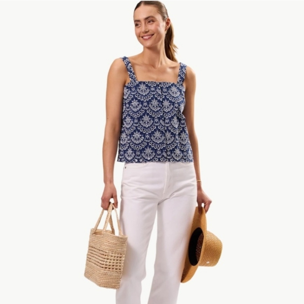 NWT Amour Vert Women’s Riviera Eyelet Organic Cotton Tank Sz XS, Indigo Blue